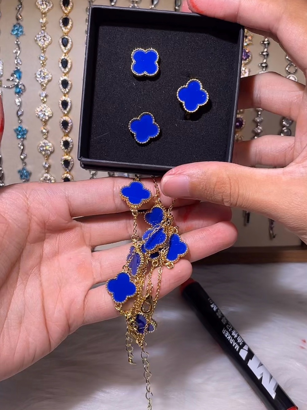 Gold & Blue Clover Pendant Necklace and Stud Earring Set